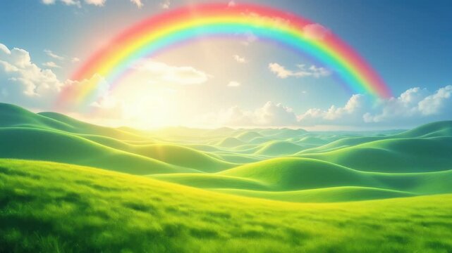 A close up of a rainbow over a green field with a sky background