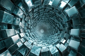 Naklejka premium Abstract teal glass cube tunnel swirling inward.
