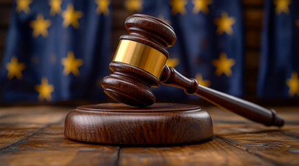 Gavel on wood in courtroom. A wooden gavel is placed on a round base, symbolizing authority in judicial settings, with a starry backdrop.