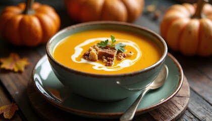 A meticulously styled presentation of Pumpkin Soup