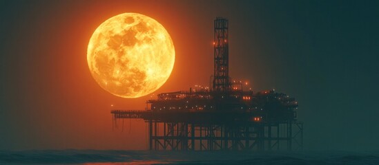 Offshore oil rig platform silhouetted against a dramatic moonrise sunset over a peaceful and tranquil ocean seascape  The vibrant golden moon illuminates the waves and reflects on the still water