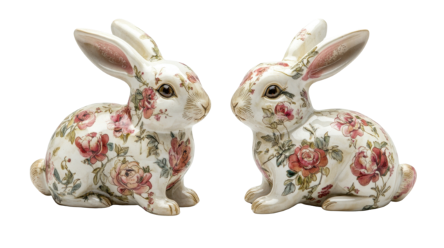 Colorful floral ceramic bunny pair transparent background