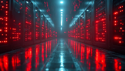 Naklejka premium Red server room with shiny floor. Rows of computer servers illuminated by red lights create a futuristic atmosphere in a high-tech data center.