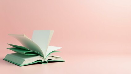 Emerald green open book on left. Soft pink background. Copy space for text, 3D render AI Generated...