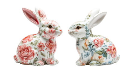 Colorful floral ceramic bunny pair transparent background