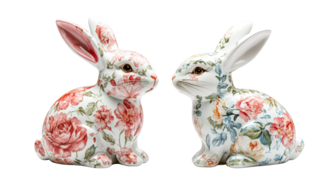 Colorful floral ceramic bunny pair transparent background - Powered by Adobe