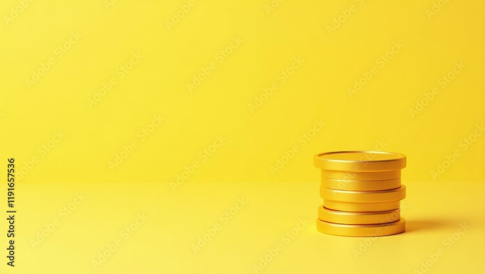 Poster golden coin stack on left. soft green background. copy space for text, 3d render ai generated design