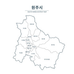 Wonju map. Map of South Korea with Major Cities, Clean Line Design on White Background.
