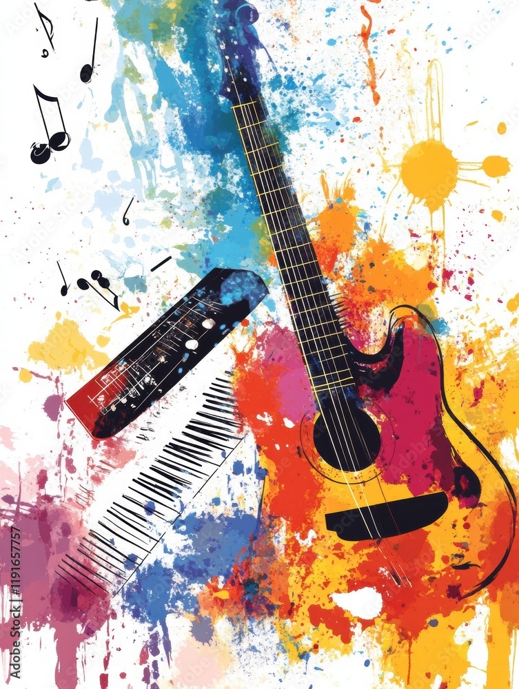 Leinwandbilder Musical instruments create vibrant energy through colorful notes and splashes in a creative performance space. Generative AI