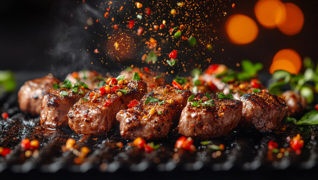Spiced grilled steak ablaze. Tender steak pieces sizzle on a grill, with colorful spices and herbs adding flavor under warm lighting.