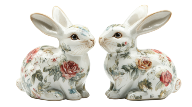 Colorful floral ceramic bunny pair transparent background