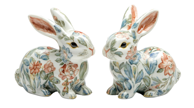 Colorful floral ceramic bunny pair transparent background