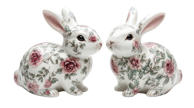 Colorful floral ceramic bunny pair transparent background