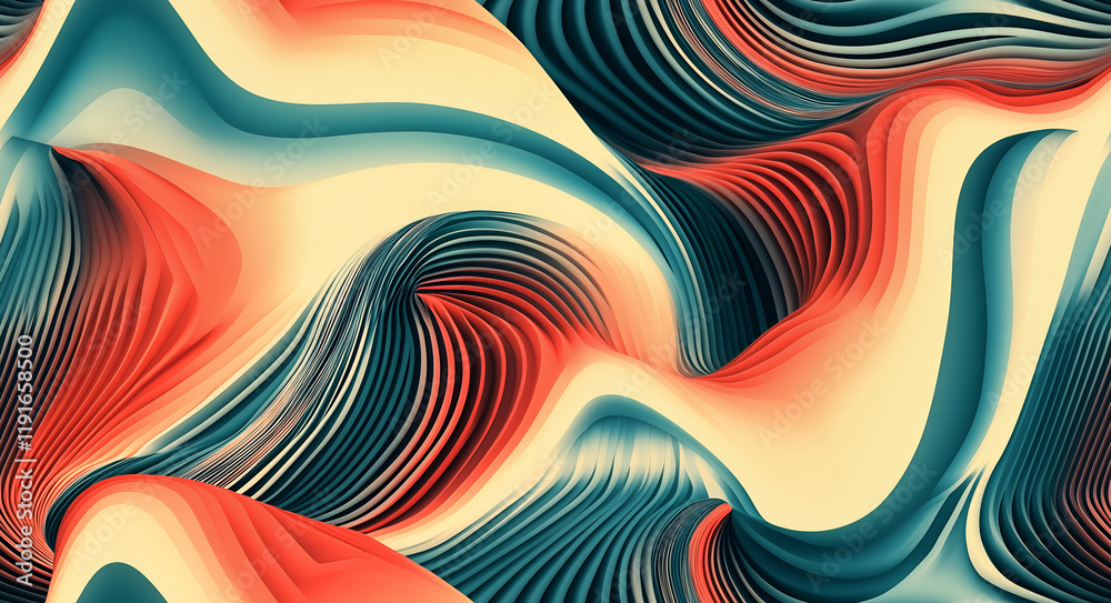 Wall mural elegant abstract seamless pattern with flowing parametric lines in soft teal, coral and cream gradie