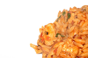 Close Up of Tomoto Based Orzo Rice Sauce Dinner Snack Dish on a White Background