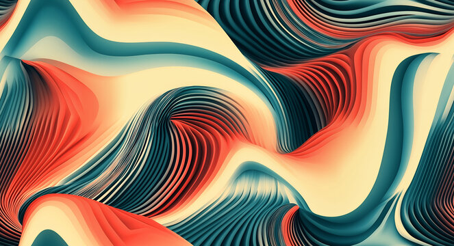 Elegant abstract seamless pattern with flowing parametric lines in soft teal, coral and cream gradient tones