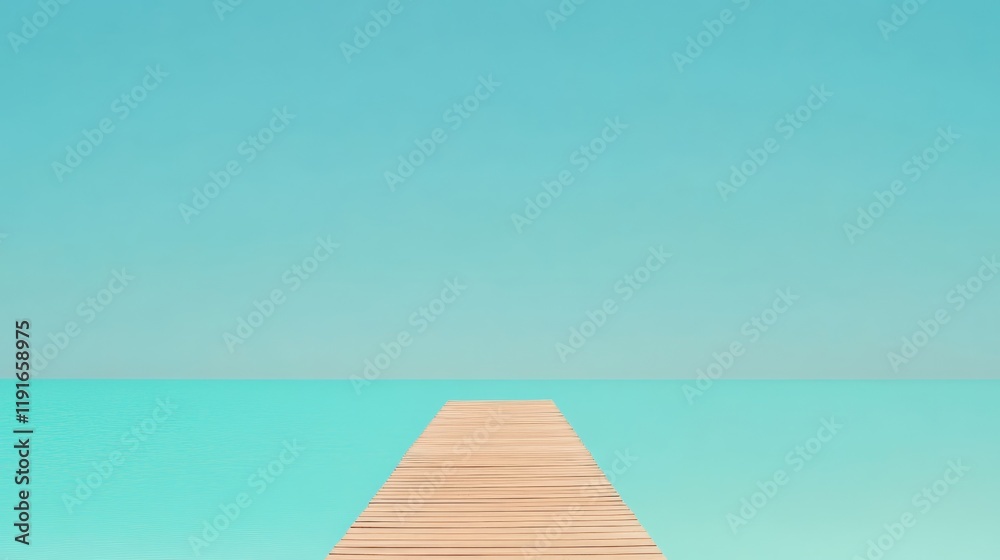 Poster wooden pier extending into a calm turquoise ocean under a clear sky, creating a serene and idyllic v
