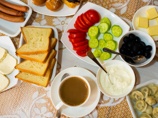 Rich and delicious Georgian breakfast on hotel table without people