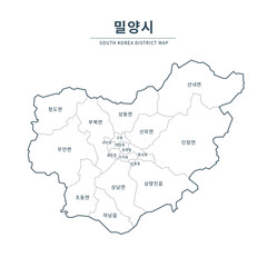 Miryang map. Map of South Korea with Major Cities, Clean Line Design on White Background.
