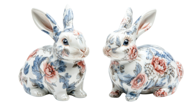 Colorful floral ceramic bunny pair transparent background