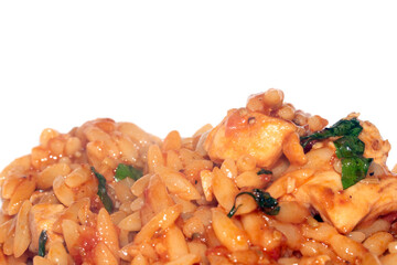 Close Up of Tomoto Based Orzo Rice Sauce Dinner Snack Dish on a White Background