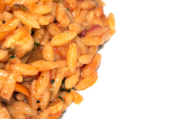Close Up of Tomoto Based Orzo Rice Sauce Dinner Snack Dish on a White Background