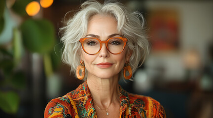 50-year-old America white housewife, vibrant and creative, stylish and trendy clothing, colorful accessories, confident and passionate expression