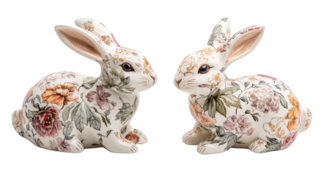 Colorful floral ceramic bunny pair transparent background