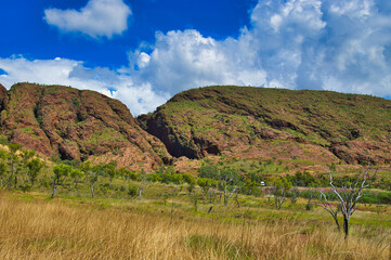 Naklejka premium Outback landscape with eroded red rocks and savanna vegetation in the vicinity of the East Kimberley town of Kununurra, in the north of Western Australia 