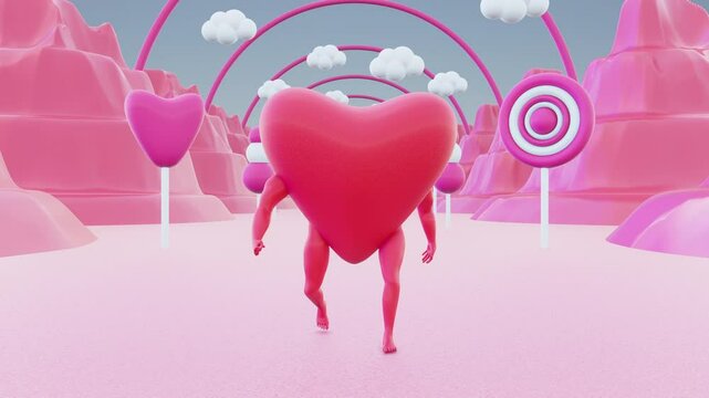 Bizarre Red Heart Walks Across a Pink Sweet Valentine&rsquo;s Landscape in Horizontal 4K 3D Seamless Animation Stock Video