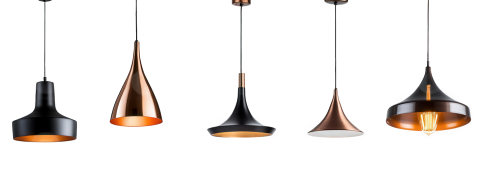 a collection of stylish pendant lamps in various shapes and finishes. including black and copper designs these lighting fixtures are ideal for enhancing the aesthetic of modern interiors. providing bo