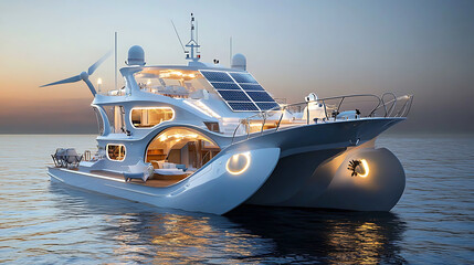 clean and sustainable fishing boat powered by solar energy, showcasing modern design and eco friendly features