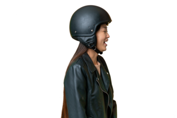 Young Asian woman with a motorcycle helmet over isolated chroma key background laughing in lateral position