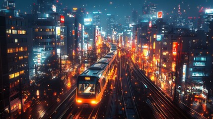 Fototapeta premium Night train speeding through vibrant city, rain, lights