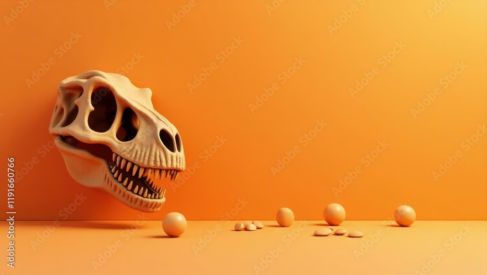 Poster sandstone t-rex skull on left. soft pink background. copy space for text, 3d render ai generated des