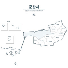 Gunsan map. Map of South Korea with Major Cities, Clean Line Design on White Background.
