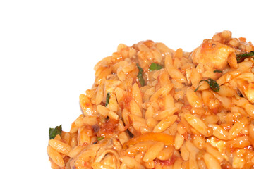 Close Up of Tomoto Based Orzo Rice Sauce Dinner Snack Dish on a White Background