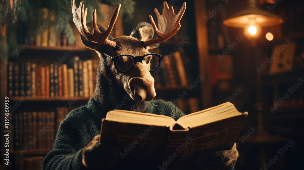 Poster moose with reading glasses enjoying a book in a vintage library filled with shelves of classic liter