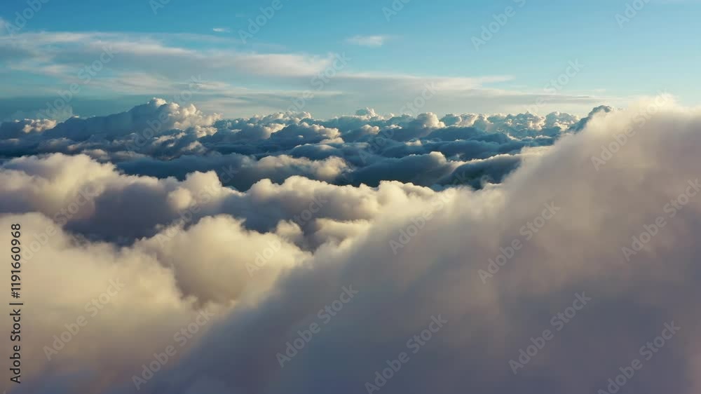 Wall mural flying above the clouds. aerial view of clouds at sunrise. traveling by air perfect background, 4k