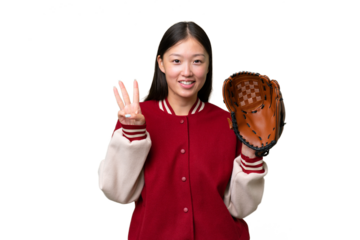 Young asian woman with baseball glove over isolated background happy and counting three with fingers