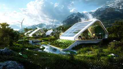 Sustainable community featuring modern homes with solar panels, wind turbines, and lush greenery, promoting eco friendly living