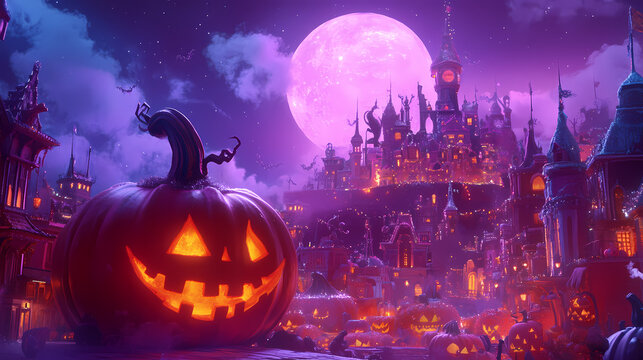 In halloweentown, playful pumpkins, mischievous ghosts, and sugary sweet houses conspire to delight, wrapped in an aura. Moonspire. Illustration