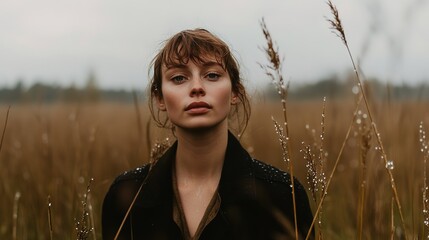 Woman in a Field with Dew Covered Grasses