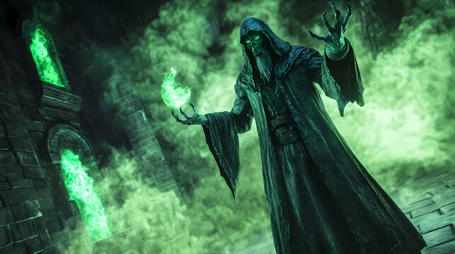 Malevolent warlock conjuring eldritch creatures in dark lair - 3d render fantasy illustration. eldritch. illustration. Moonspire. Illustration