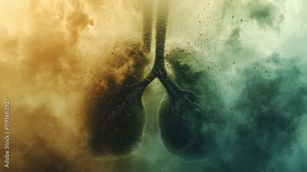 Poster realistic lungs immersed in dense smog and dust particles illustrating environmental impact on healt