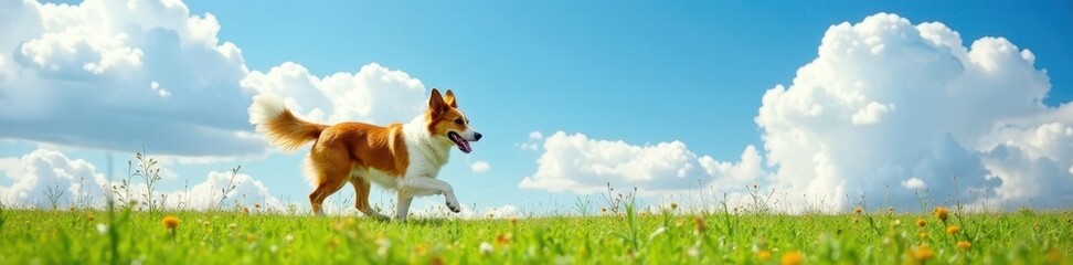 Red border collie running freely in a sunny meadow with a blue sky and fluffy white clouds, meadow, scenery