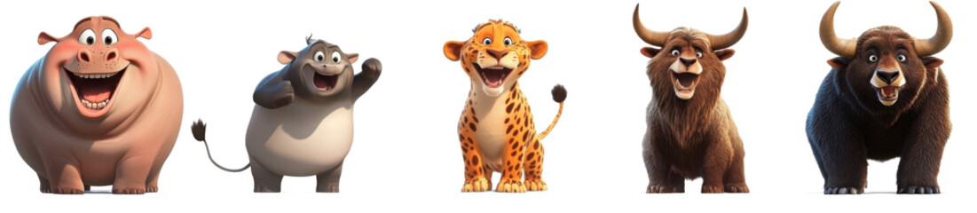 Fototapeta premium 3d wild animal character png cut out element set, transparent background 