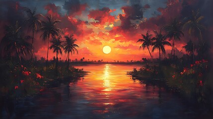Obraz premium Tropical sunset river scene, vibrant sky, palm trees, digital art, travel