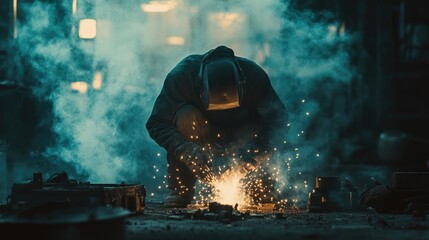 A welder with gold spark bokeh fire flame from cutting steel welding at industry factory.	
