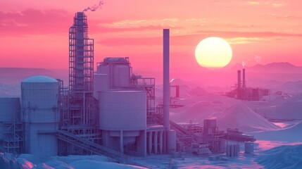 Dramatic industrial sunset landscape with towering factory smokestacks chimneys and urban architecture silhouetted against a vibrant sky  Industrial cityscape with power plant refinery